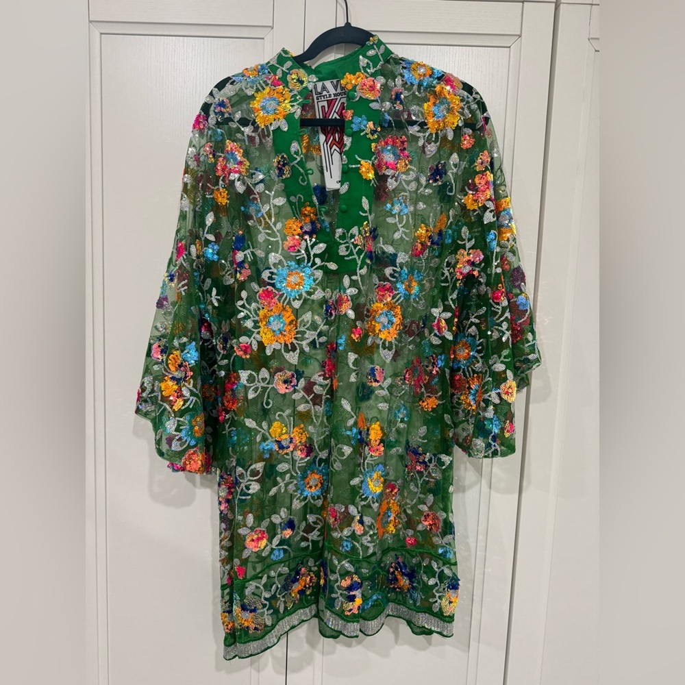 Embroidered Green Floral Kimono Dress